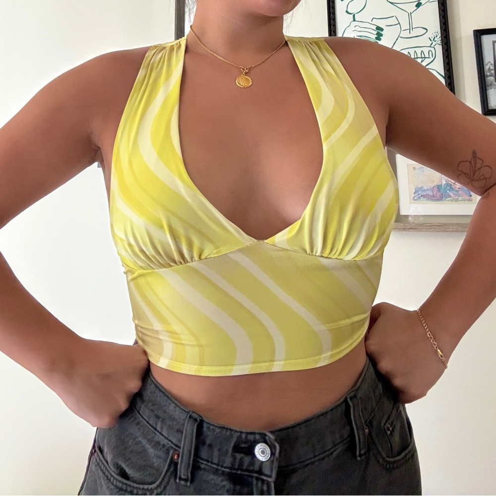 Yellow Patterned Top with Tie on Back